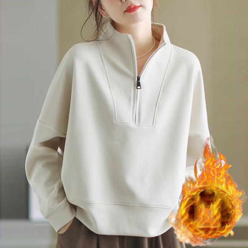 

Женская толстовка с воротником-стойкой и молнией до середины груди для осени и зимы, стильная верхняя одежда, пуловер, повседневный топ, свободного кроя, женская одежда XXXL белый