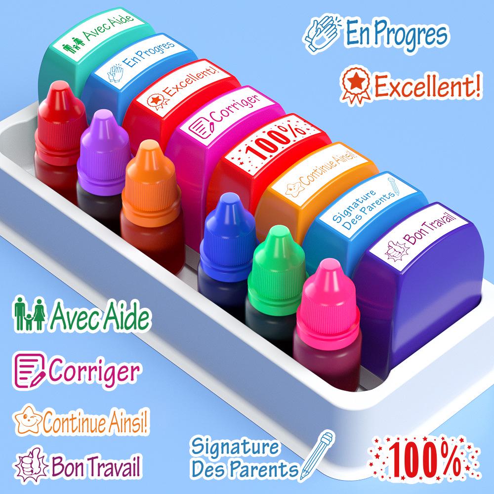 Colorful German & French Teacher Stamps Set - 8 Motivational and Encouraging Designs for Classroom & Homework