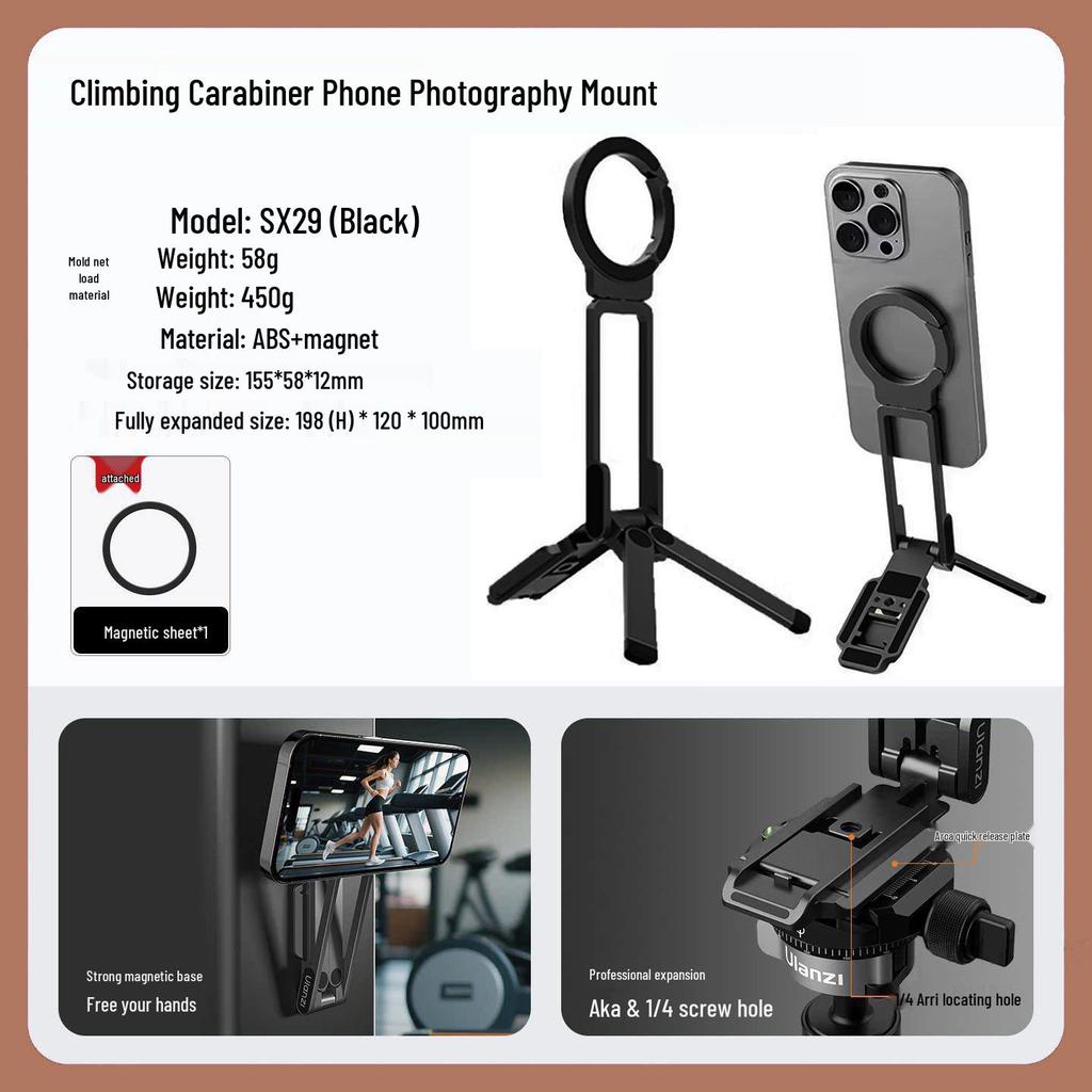Foldable Magnetic Phone Holder & Tripod with Aluminum Carabiner for Live Streaming & Travel