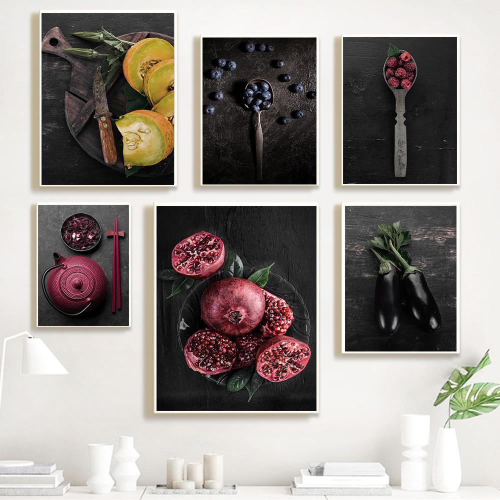 Food Kitchen Poster Pomegranate Blueberry Wall Art Canvas Print Painting Picture Nordic Restaurant Home Decoration Mural Cuadros