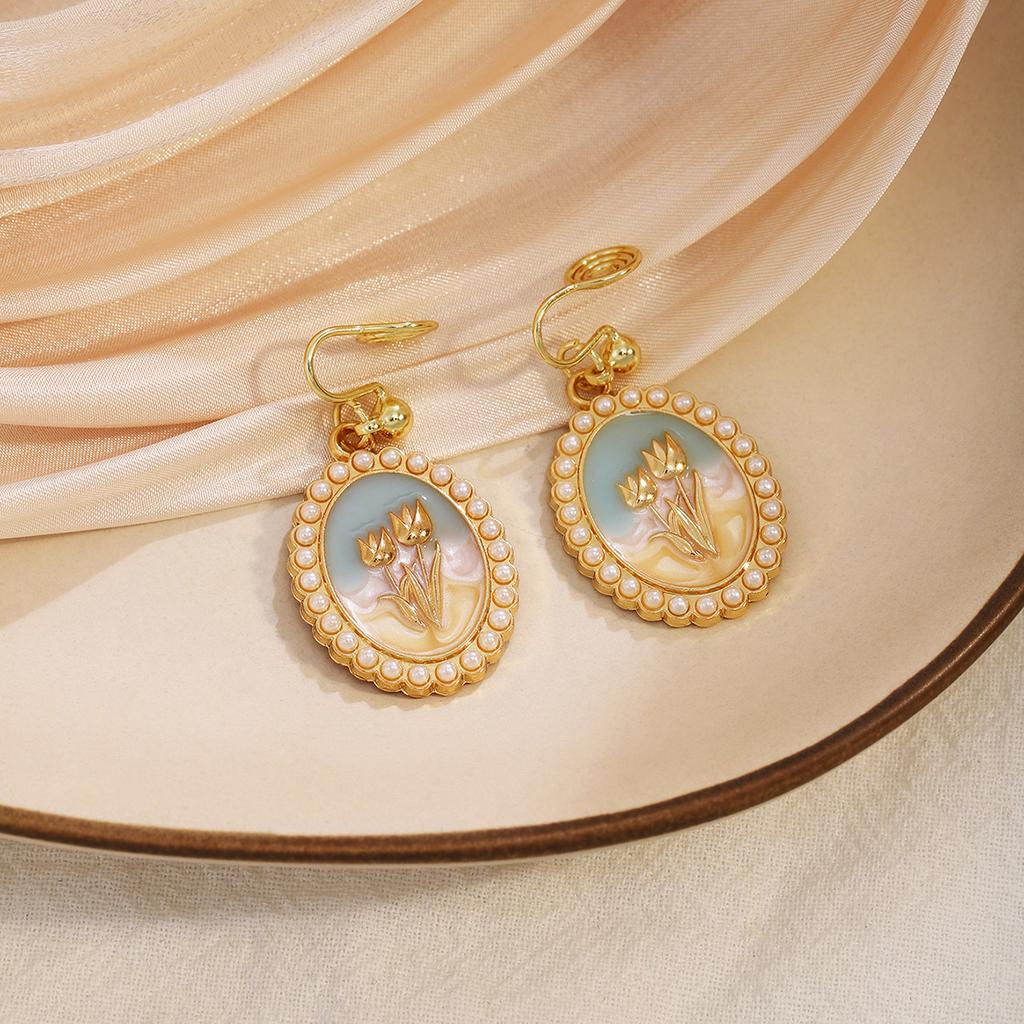 French Oil Painting Tulip Pearl Ear Hook Earclip Earrings, Medieval High-End Vintage Temperament Earrings Women