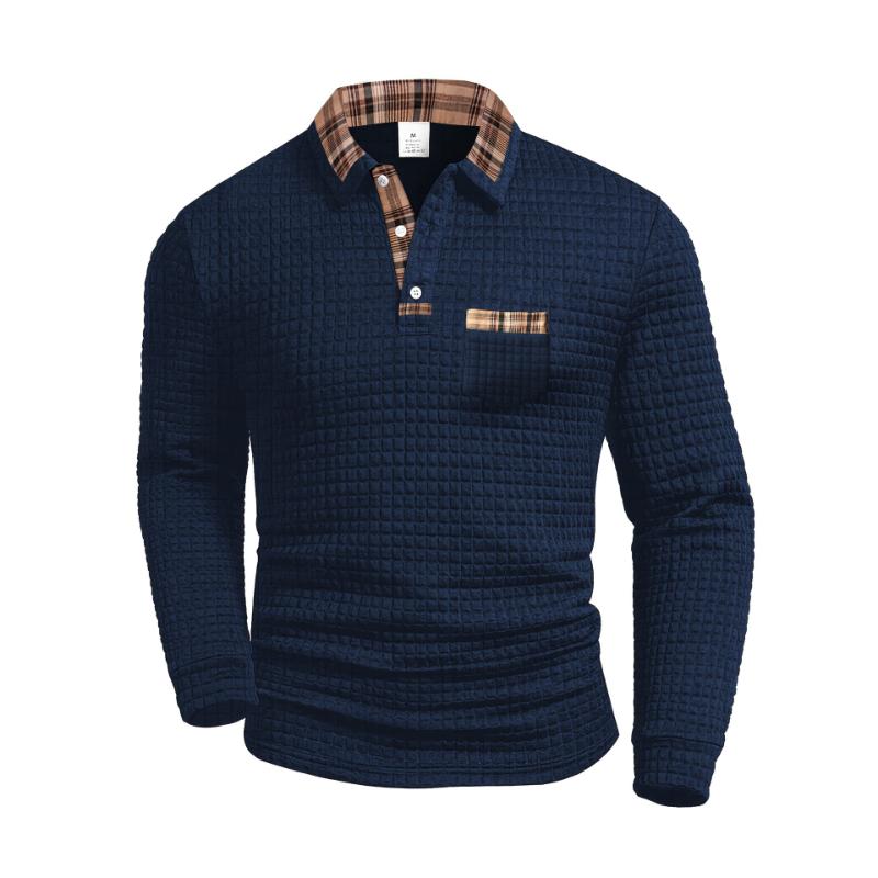 Men's Waffle Knit Polo Shirt Casual Plaid Contrast Collar Long Sleeve Top With Pocket For Daily Wear