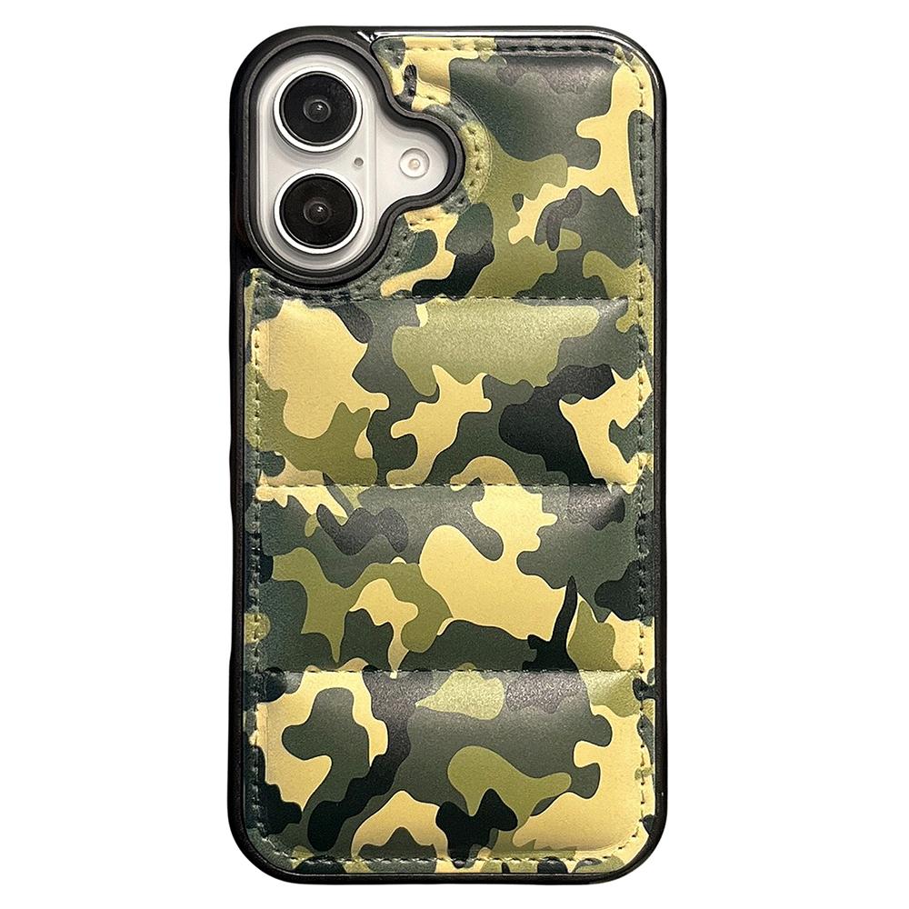 

For iPhone 16 Plus Case Camo Puffer Jacket Leather+TPU 3D Protective Cover Green