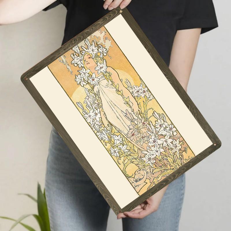 Art Nouveau Style Mucha Lily Maiden Decorative Iron Painting Vintage European Living Room Wall Decor Hanging Painting 20x30cm（7.8x11.8inch）