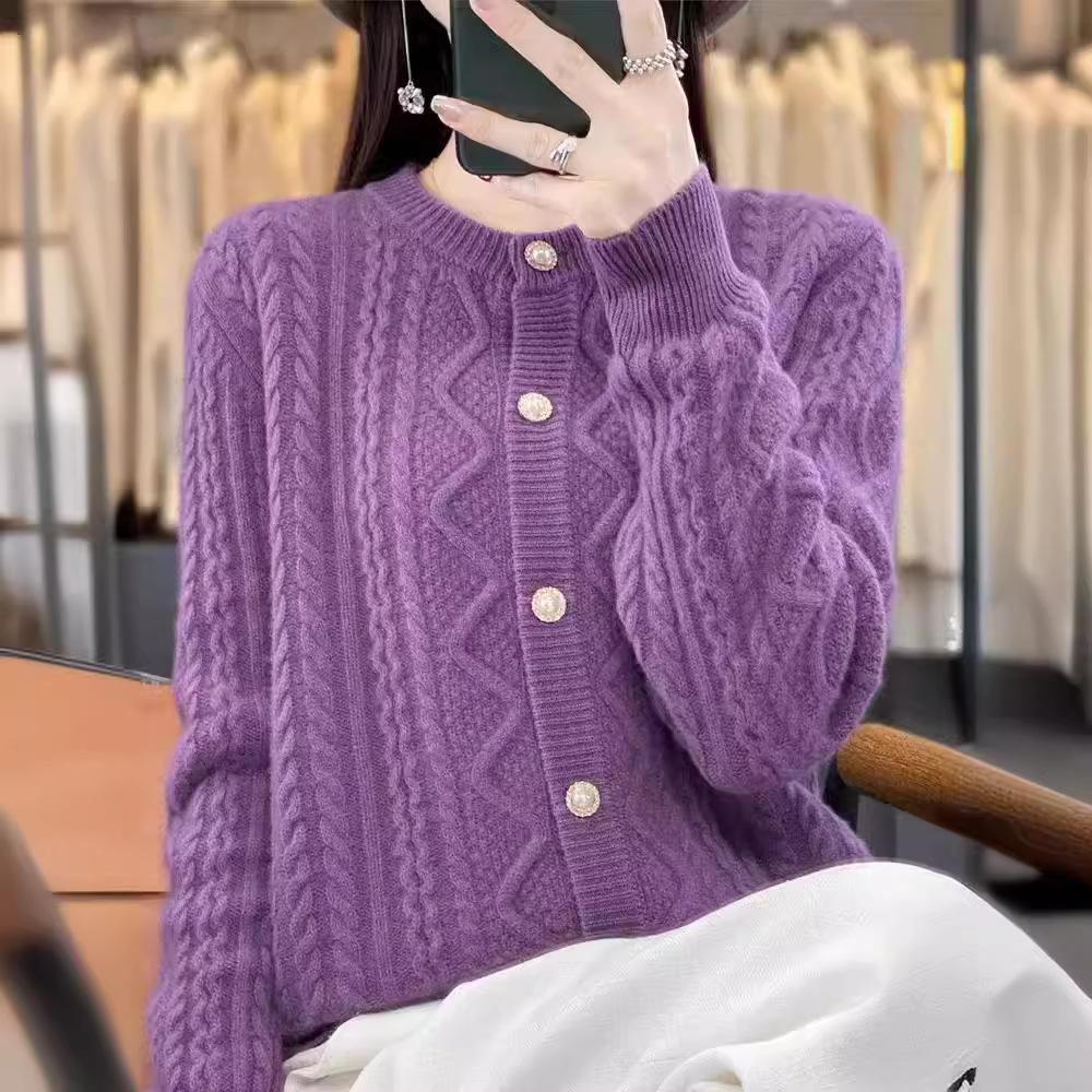 Jarní svetr s kulatým výstřihem a copánkovým vzorem, dlouhý rukáv, stojáček, jednobarevný pletený kardigan