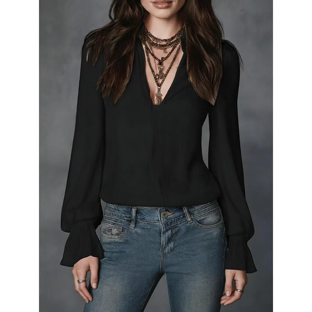 Women s Turn Down Collar Blouse Long Sleeve V Neck Textured Ruffle Cuff Shirt S чёрный
