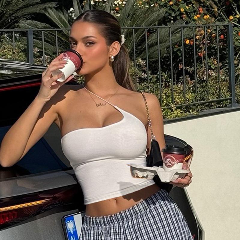 Ärmelloses Bustier Einseitiges Crop Top Damen Sexy Reine Farbe