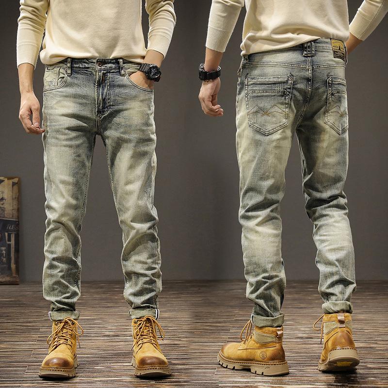 Fashion Men Jeans Retro  Blue Elastic Slim Fit Ripped Jeans Men Trousers Vintage Designer Casual Denim Pants