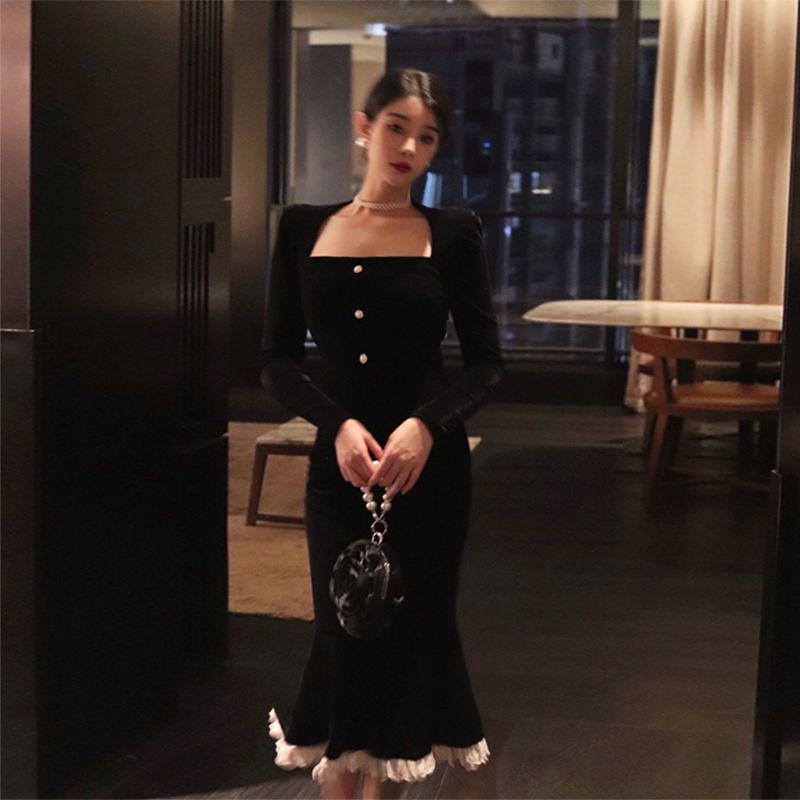 Women s Retro Black Velvet Fishtail Dress, French Square Neck, Winter Slim Fit Long Skirt S чёрный