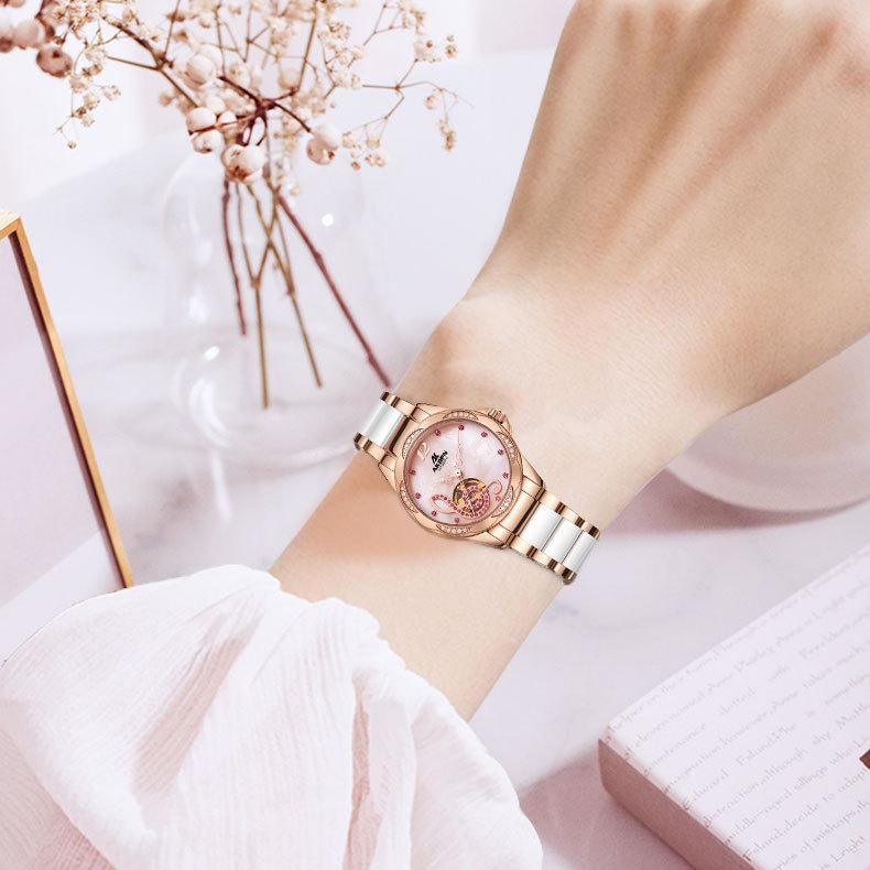 Fashionable and Elegant High-end Women's Watch Hollow Fully Automatic Mechanical Watch Ceramic with Waterproof Trendy Women's Watch