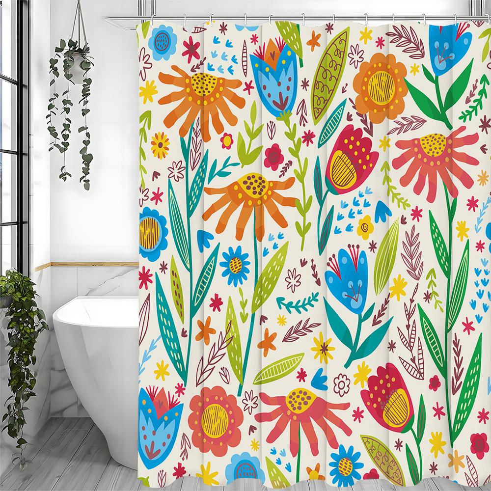 Bunter Cartoon-Blumen-Duschvorhang, Dekorativer Badezimmer-Duschvorhang, Wasserdichter Duschvorhang mit Haken
