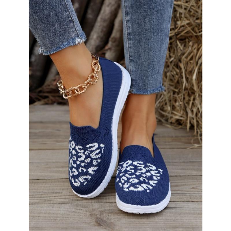 Round Head Low Heel Fly-woven Mesh Single Shoes Women's Breathable Color Matching Leopard Print Flat-bottomed Footwear