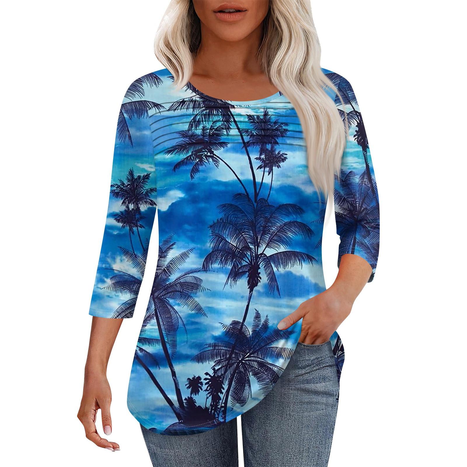 

Женская мода круглый вырез шея плиссированная передняя планка с принтом рукав 3/4 топ M синий