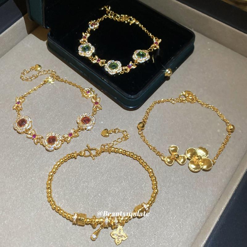 K Real Gold Electroplated Metal Beaded Flower Bracelet French Retro Sand Gold Bracelet Light Luxury High-end Jewelry Women