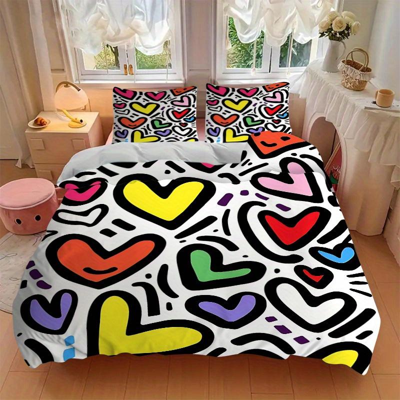3pcs Colorful Hearts Bedding Set, Breathable and Soft, Suitable for All Seasons, Ideal for Home Use, Suitable for Bedroom Decor yy250821216