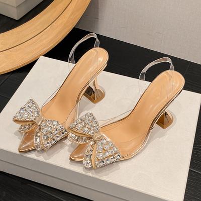 Spring Butterfly-knot Crystal Designer Pumps Women PVC Transparent High Heels Sexy Pointed Toe Party Prom Mules Shoes