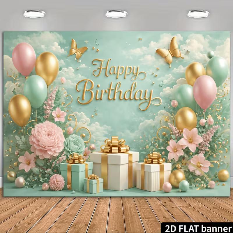 

2D Mint Green Gold Birthday Backdrop, Floral Balloon & Gift Box Banner for Girls 1st Birthday Party 47.2x31.5inch/120*80cm