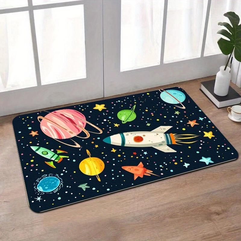 1PC Rocket & Planets Pattern Kitchen Rug Non-Slip Door Mat Pop Design Bathroom Rug Bath Mat Carpet for Home Sink Laundry Decor