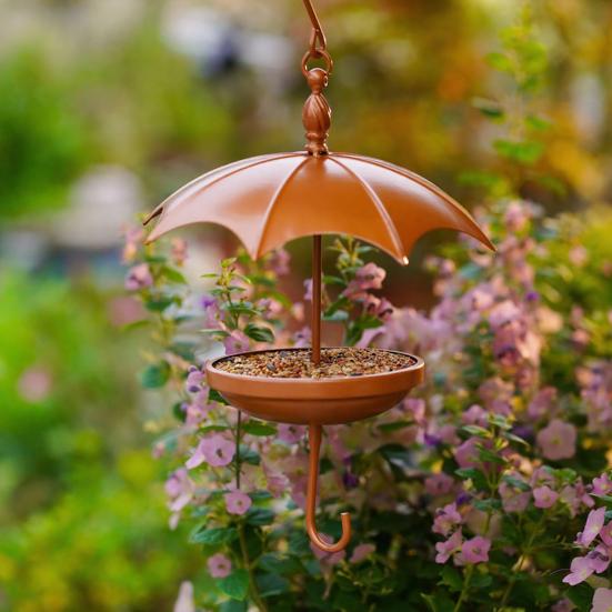 Umbrella-Shaped Bird Feeder Rustic Outdoor Wildbird Feeder with Rain Guard Decorative Hanging Platform Seeds Tray for Courtyard Balcony
