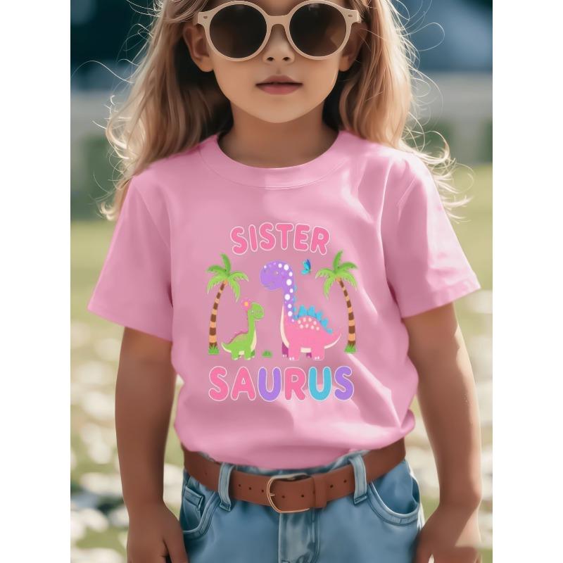 European Sizes Cute Dinosaur Sisters Themed Girls' T-Shirt - Vibrant Cartoon Design Featuring Pink Bubble Letters "SISTER" and Dinosaur Companions