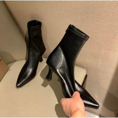 Women High Heel Short Leather   New Boots Female Pointed Thin Heel  Ladies Ankle Short Boots Botas De Mujer 2024