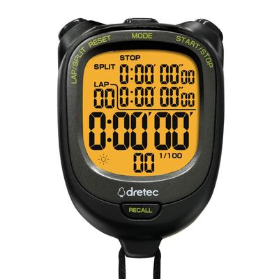 Dretec Wasserdichte beleuchtete Stoppuhr mit 100 Speichern, groß, austauschbar, Schwarz (IPX7) & 0,01-Sekunden-Genauigkeit, Runden-/Zwischenzeiten-Funktion, Speicher, Countdown,