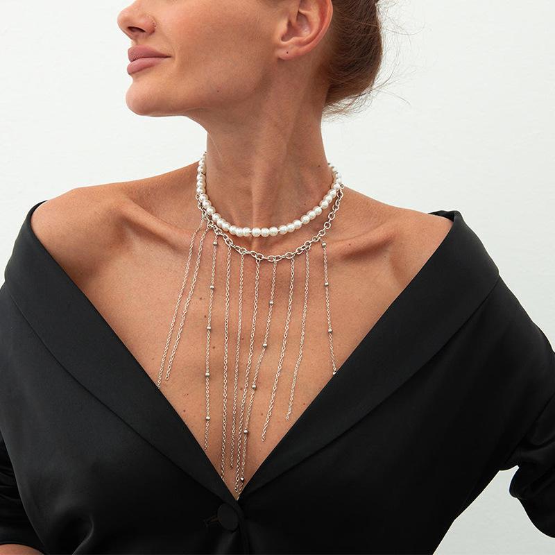 Trendy Pentagram Star Heart-Shaped Tassel Pendant Necklace Creative Multi Layer Imitation Pearl Choker