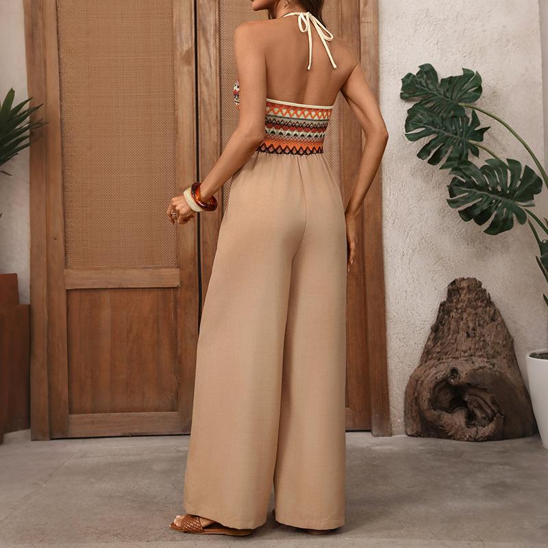 Women's Summer Boho Halter Jumpsuits Sexy V Neck Embroidered Patchwork Casual Vacation Rompers Outfits