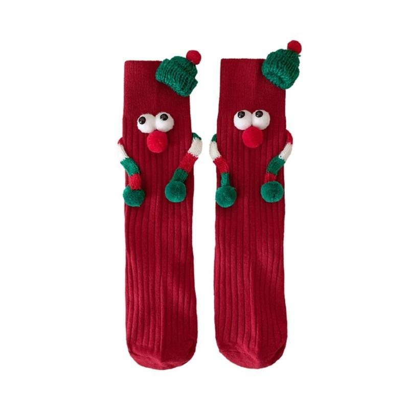 Unisex Couple 3D Santa Hat Dolls Christmas Middle Tube Socks with Magnetic Embellishments for Gifting and Celebrating