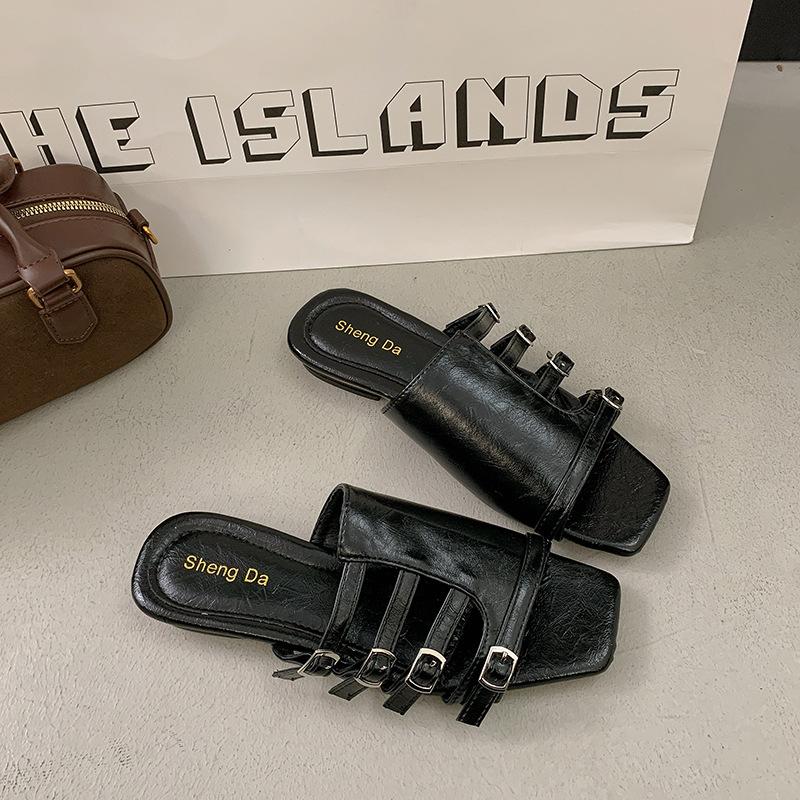 French one-pedal sandals women s 2025 new summer wear flat-bottomed one-word slippers double-buckle beach cool slippers women 35 3545₽