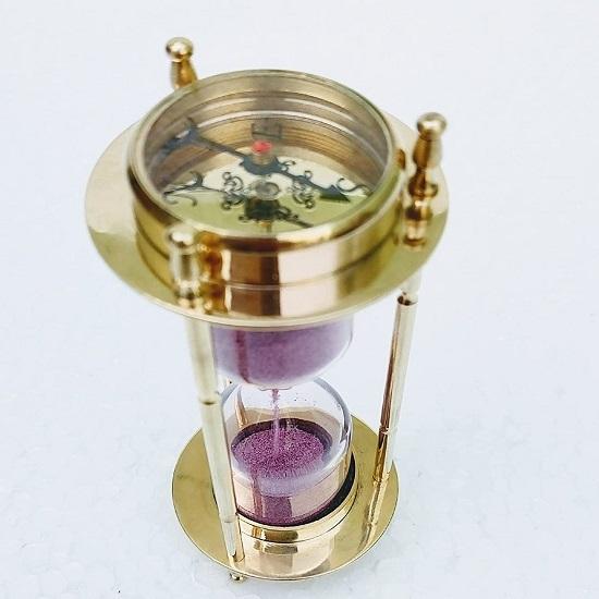 Clessidra Da 2 Minuti Con Bussola E Orologio Da Scrivania – Ottone Anticato Nero, Design Nautico Vintage, 14.5 Cm