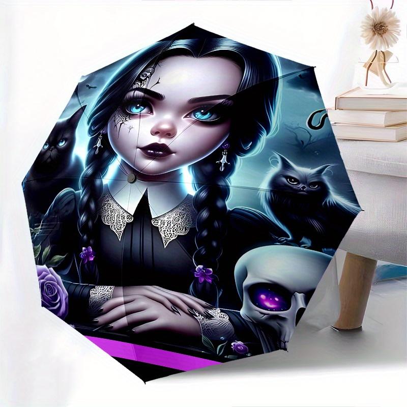 Wednesday Addams,Gothic Style Automatic Folding Umbrella 8 Ribs Lightweight Design, Durable Iron Frame, Compact and Portable, Ideal Birthda
