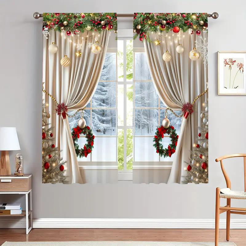 Set Of 2 Christmas Printed Curtains Suitable Home Decoration Bedrooms Living Rooms Luxury Made Polyester Great Room Window Treatment