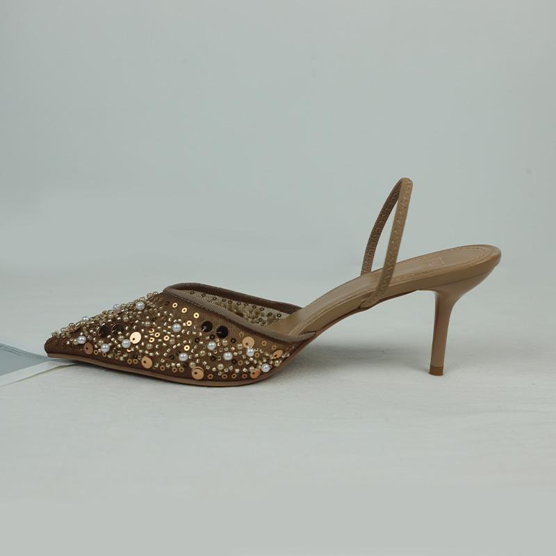 Women  Sandals High Heeled Formal Party Shoes Lady Luxury Sequin Pearl Stiletto Elegant Mesh Slingbacks Black Fashion