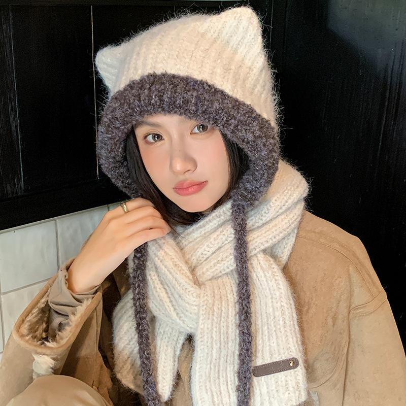 Winter New Cute Hat Women's Thickened Warm Ear Protection Hat Versatile Face Small Wool Hat Scarf Set