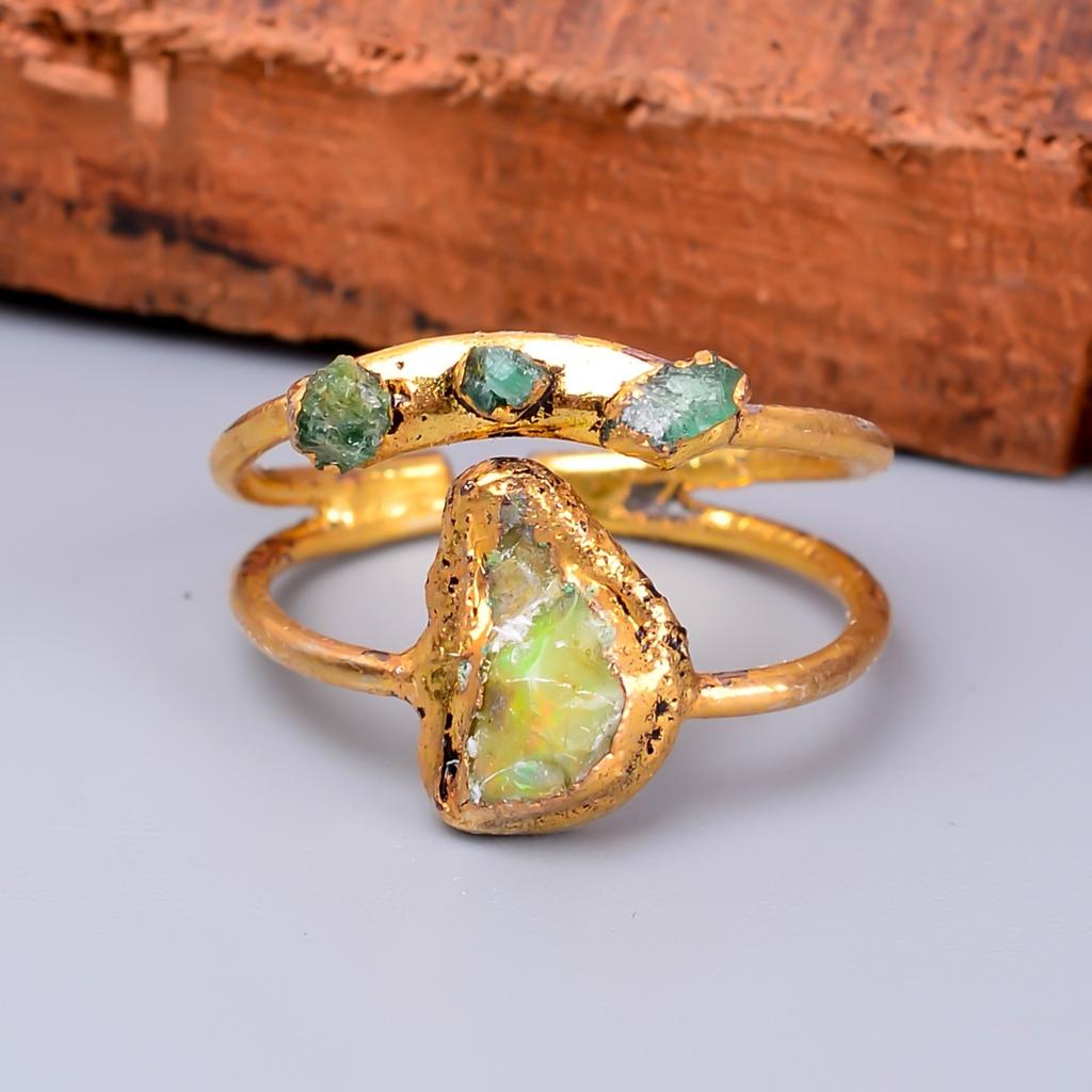 Natural Ethiopian Opal Gold Plated Wife Gift Eternity Electroformed Ring Jewelry V-60