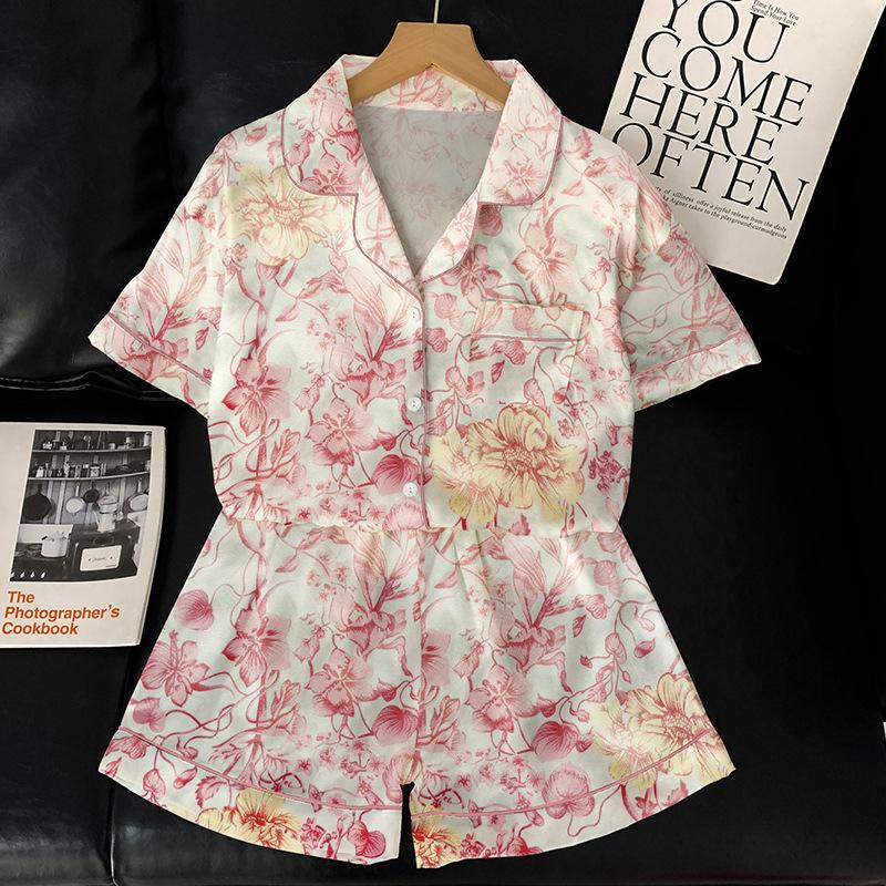 National Style Retro Flower Print Ice Silk Pajamas Women'S Summer Short-Sleeved Thin Suit Loungewear