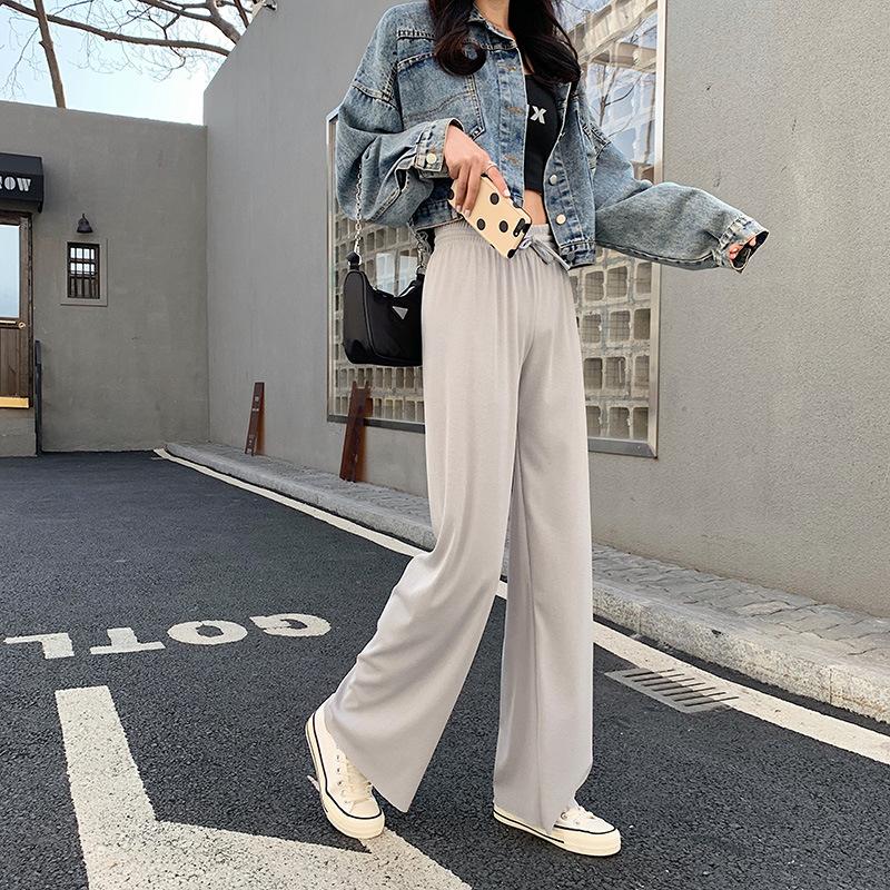 Summer Ladies Ice Silk Light Wide Leg Trousers Girl Solid Color High Waist Loose All-match Straight Casual Pants
