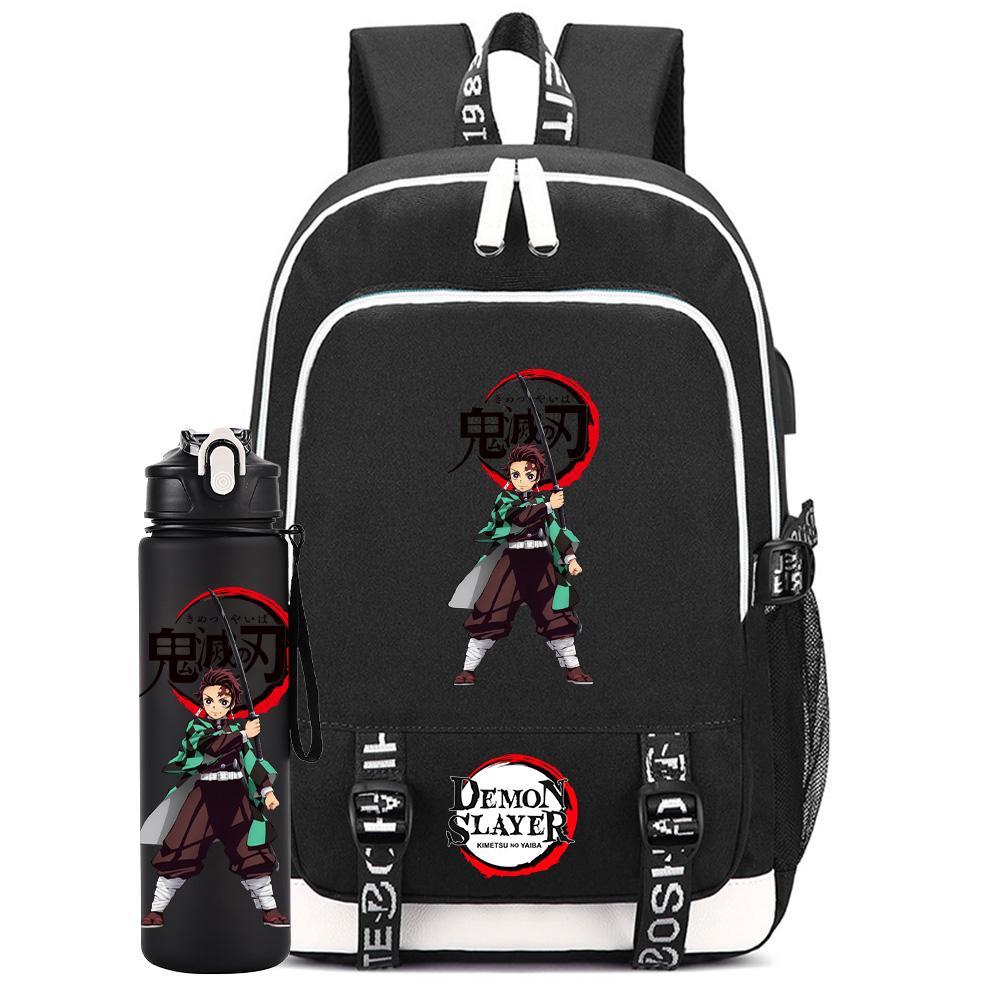 2Pcs/set Anime Demon Slayer Printed Backpack Large Capacity Waterproof Bookbag With 750ml Water Bottler Laptop Student Boy Girl Bookbag Gift