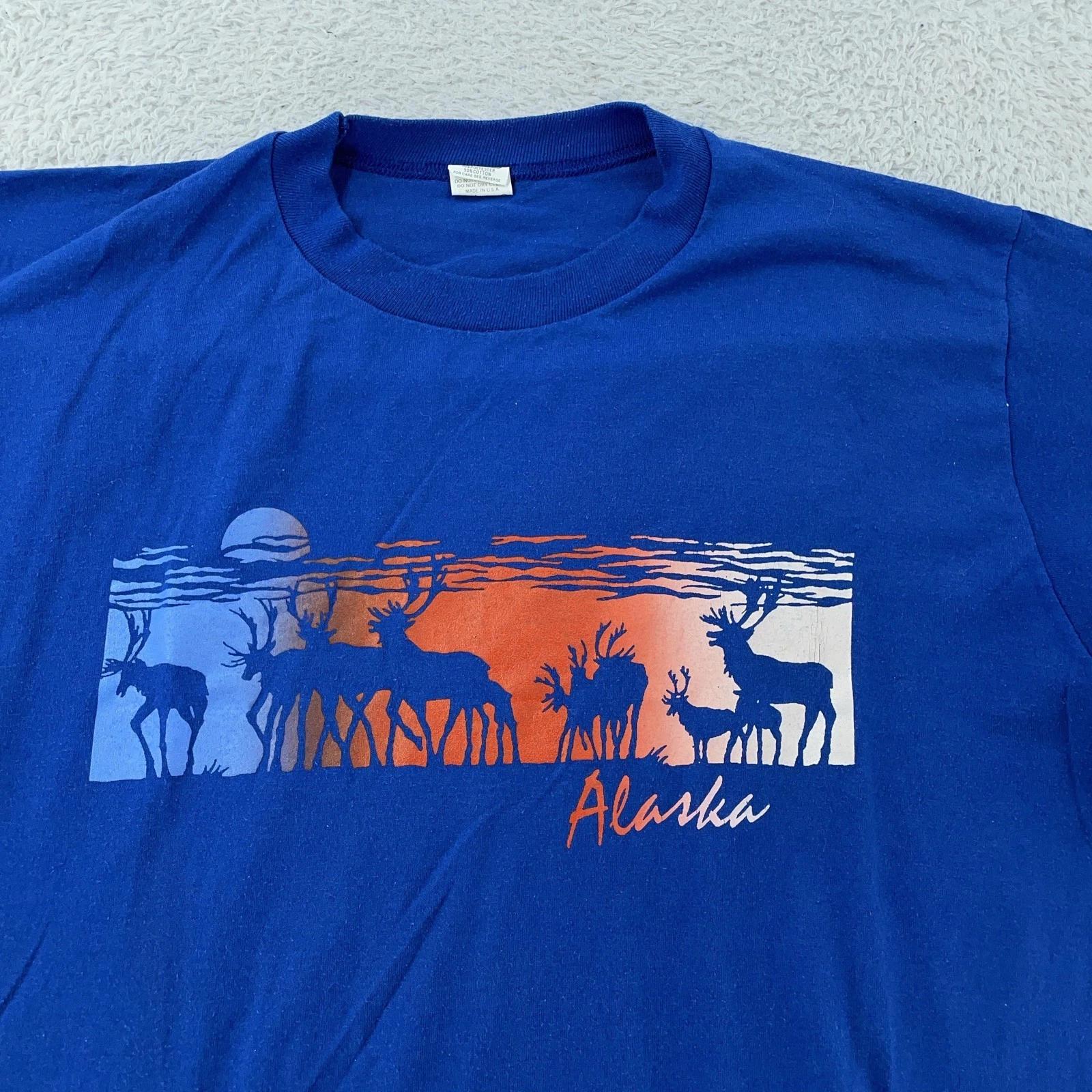 Vintage Alaska Moose Sunset Shirt Mens Medium/Large Nature Blue Graphic Tee 80s XL
