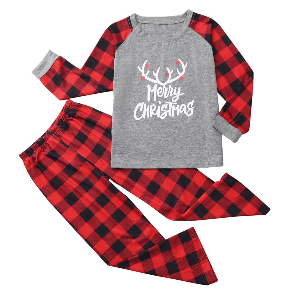 Christmas Children Letter Plaid Print Top Blouse+Pants Family Clothes Pajamas