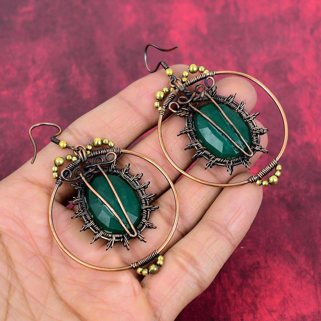 Faceted zambian emerald earring copper wire wrapped earrings handmade jewelry natural gemstone earring copper wire wrap jewelry gift for her