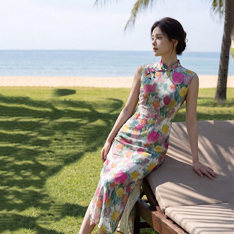 Womens Sleeveless Long Cheongsam Dress 2026 Modern Chinese Style Stand Collar Low Slit Elegant Everyday Wear Small