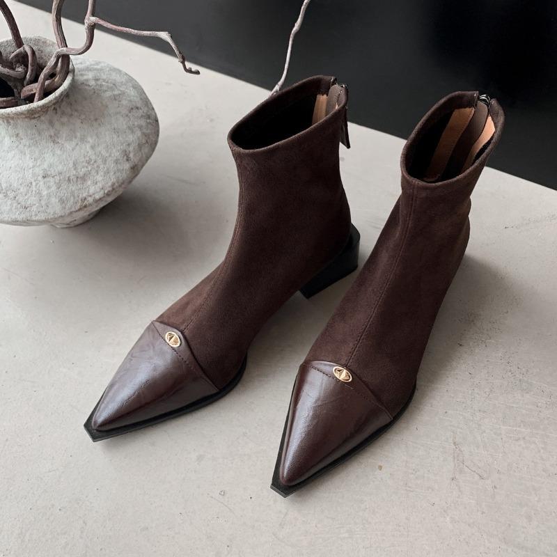 Temperament pointed short boots women's new leather boots thick heel medium heel elastic short women's boots thin boots