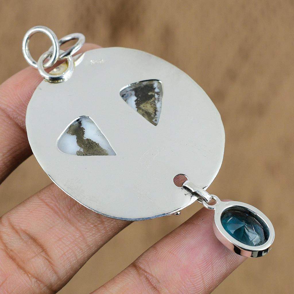 Dendrite Opal Stone Swiss Blue Topaz Wedding New Pendant Jewelry Sterling Silver