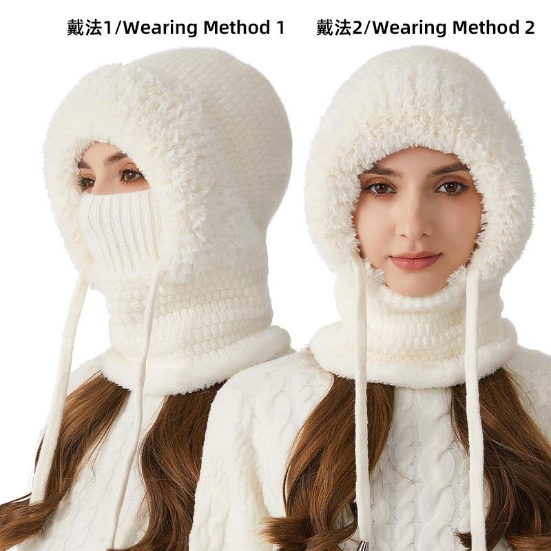Women Fleece Lined Knit Hat Set Winter Warm Knitted Hat 3 in 1 Hooded One Piece Snow Cap W/Scarf & Mask for Cold Weather Protect