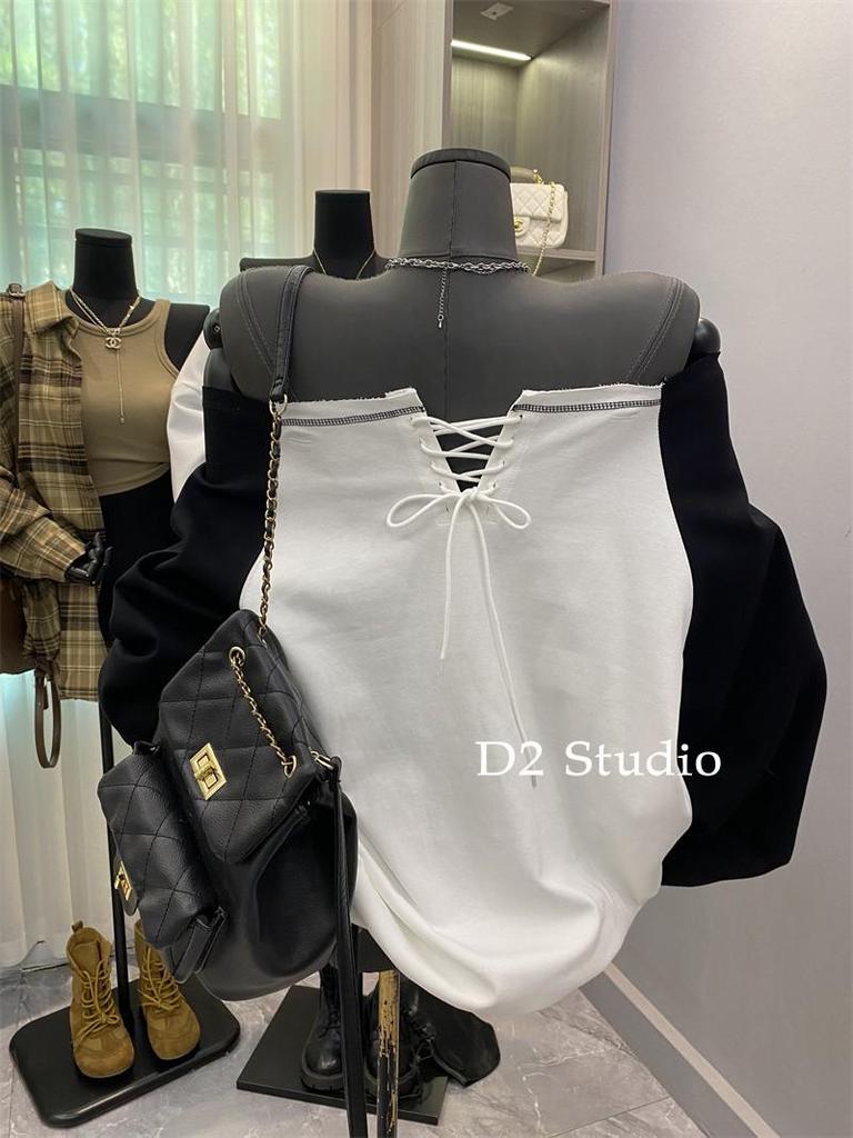 Korejská barevně blokovaná mikina s dlouhým rukávem na zavazování se syrovým okrajem pro ženy