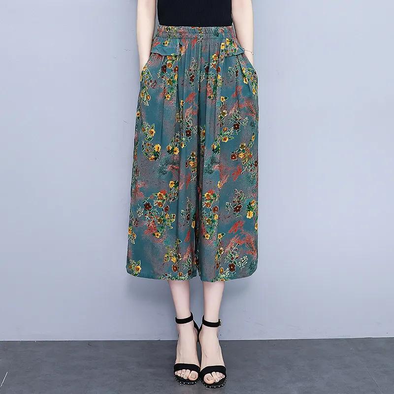 Pantalones Casuales Sueltos de Siete Minutos de Pierna Ancha de Cintura Alta para Mujer de Verano para Mujeres de Mediana Edad y Mayores Finos Cómodos