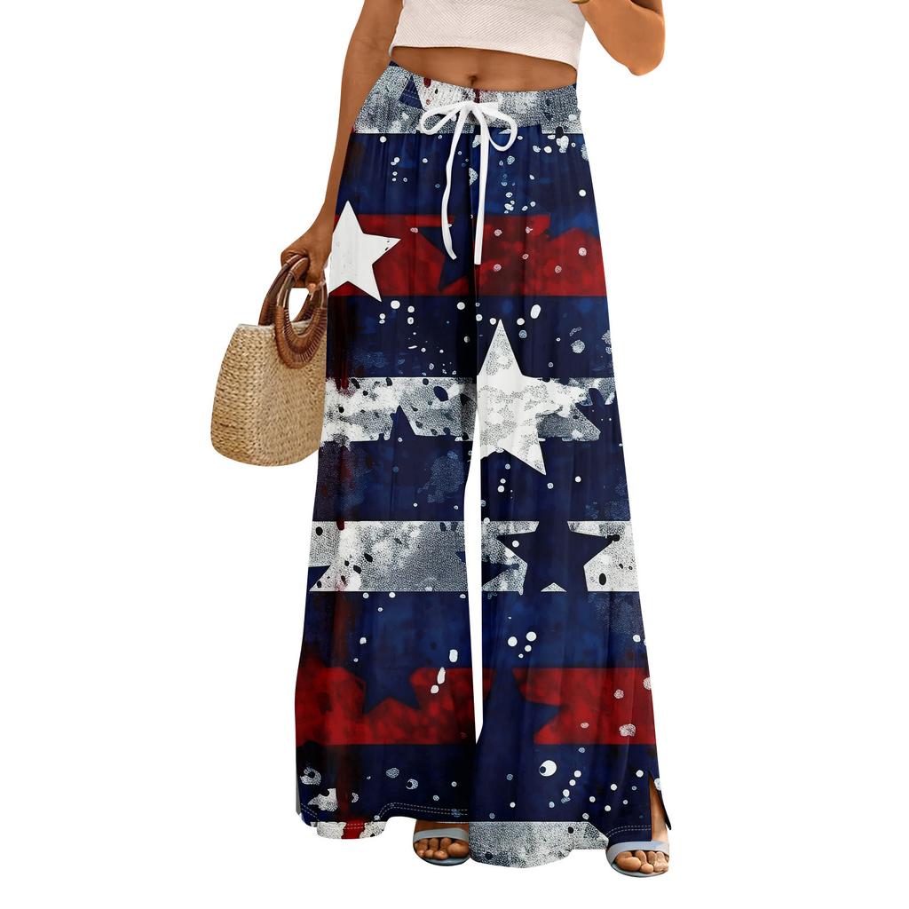 Damen Sommer Boho Palazzo Hose Hohe Taille Weites Bein Independence Printing Freizeithose mit Taschen