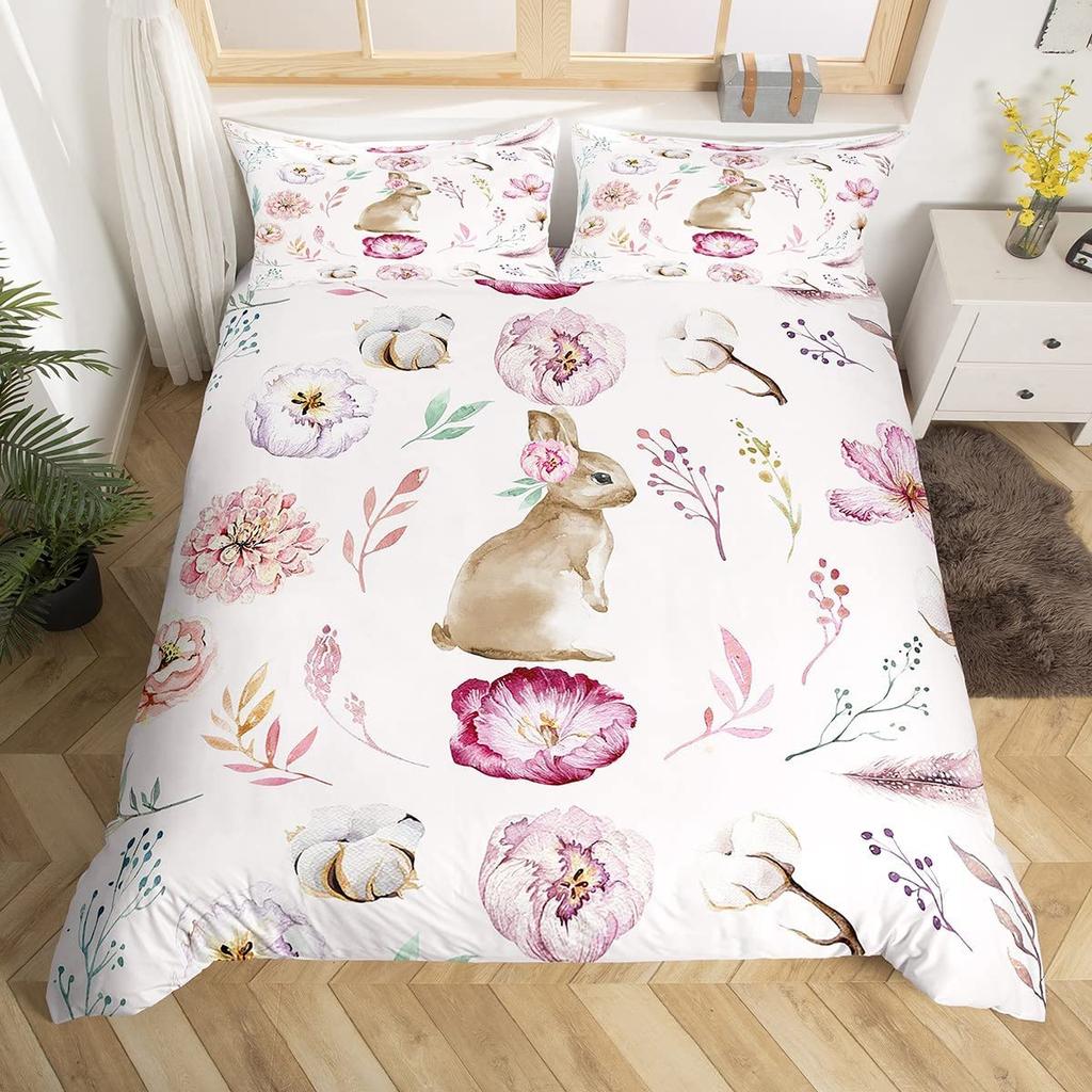 Cartoon Rabbit Duvet Cover Twin Cute Animal On The Moon Quilt Cover Microfiber Cloud Galaxy Space Bedding Set for Boy Girl Gift